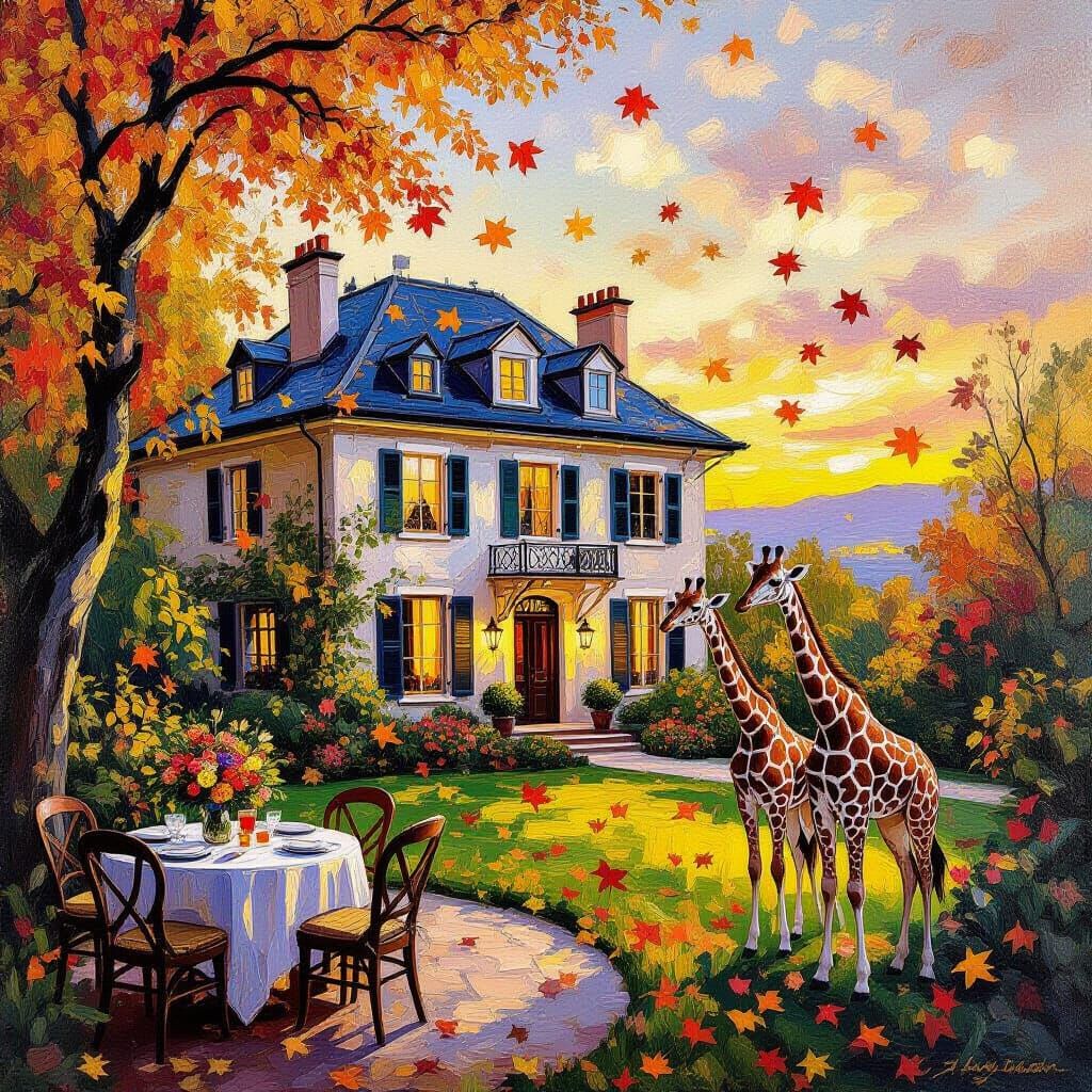 Impressionistic Oil Painting of a House with Giraffes