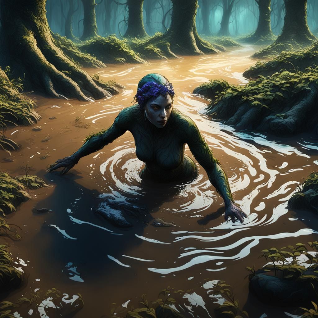 Woman Swimming Through Mud in Dark Forest