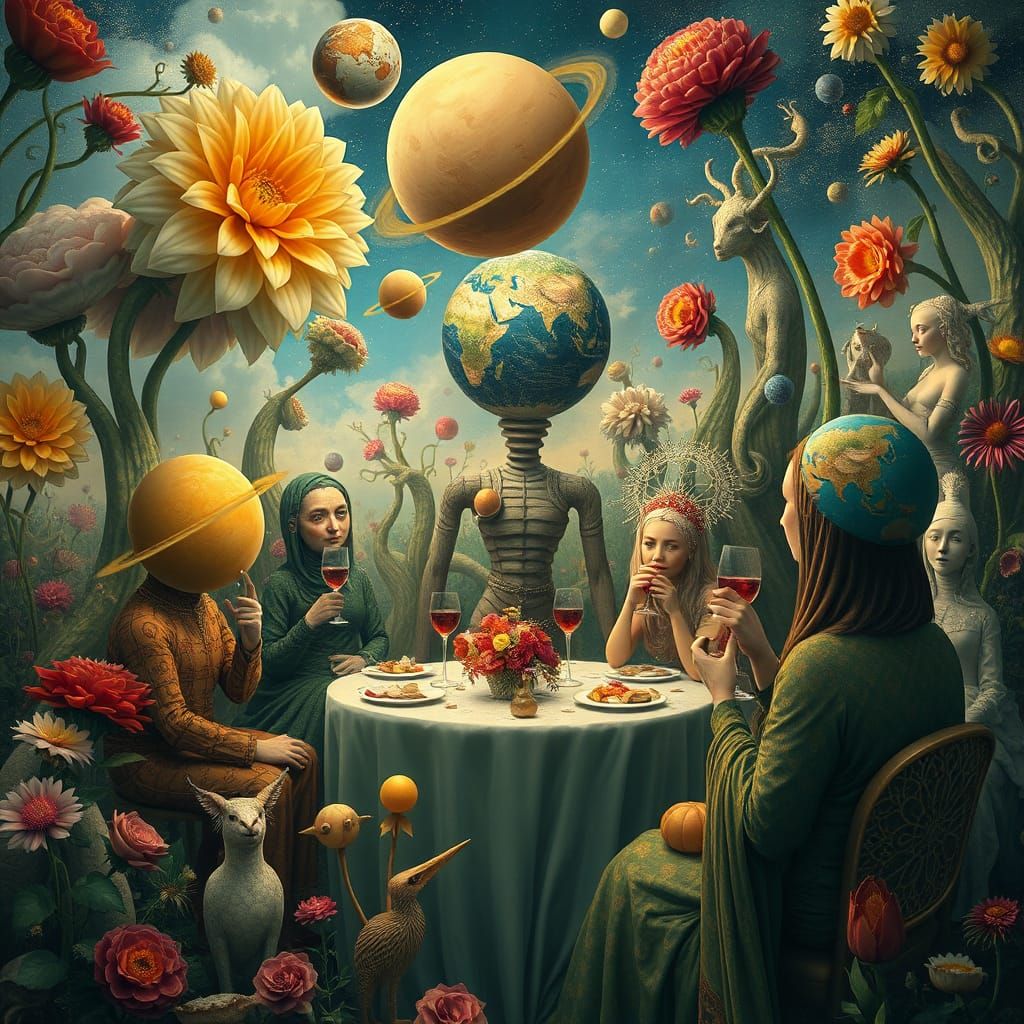 Surreal Garden Party with Planetary Costumes