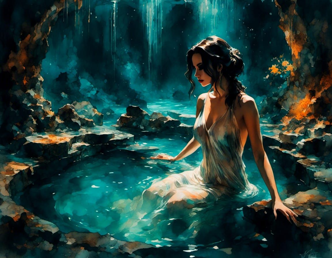 Brunette Girl in Underground Hot Spring Fantasy