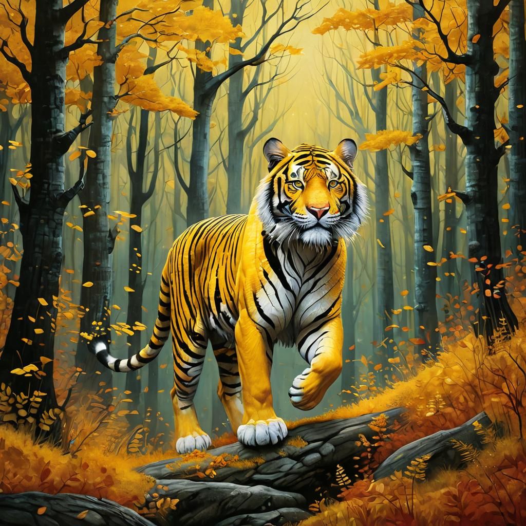 Majestic Yellow Tiger in Autumn Forest, Impasto Painting