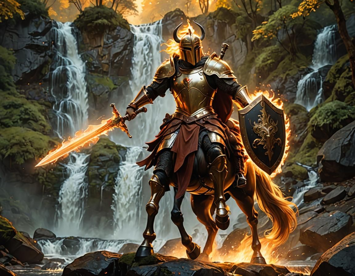 Centaur Wields Flaming Sword in Vibrant Fantasy Landscape