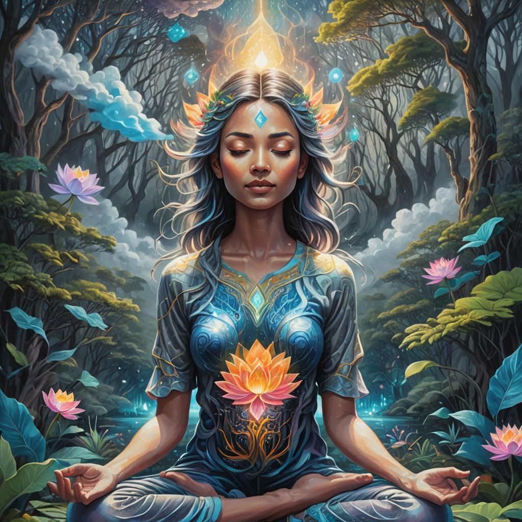 Astral Girl in Lotus Position with Seascape Cloud