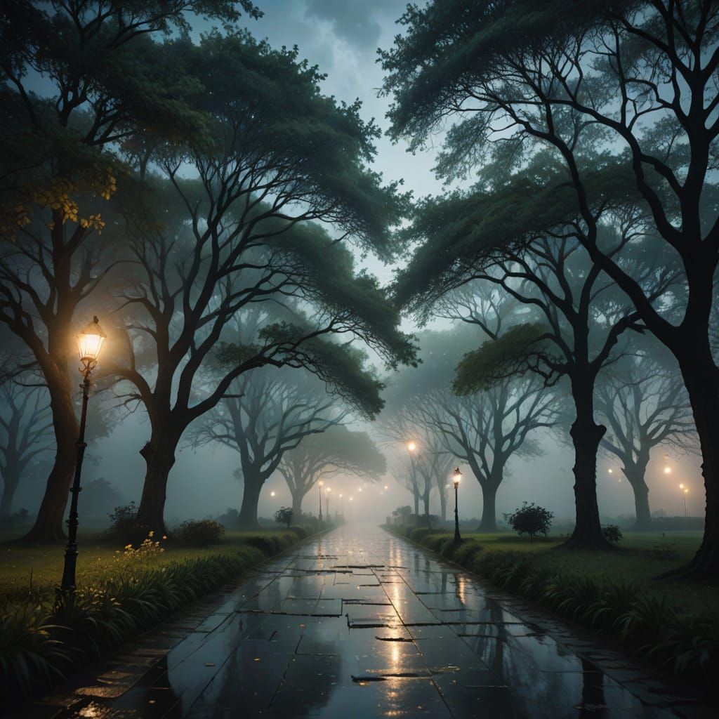 Surreal Park at Night with Celestial Light