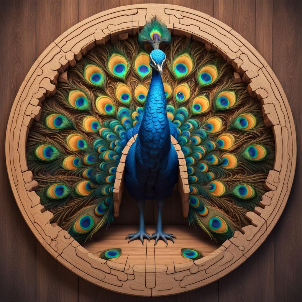 Bright Peacock Wooden Puzzle: Detailed Matte Painting