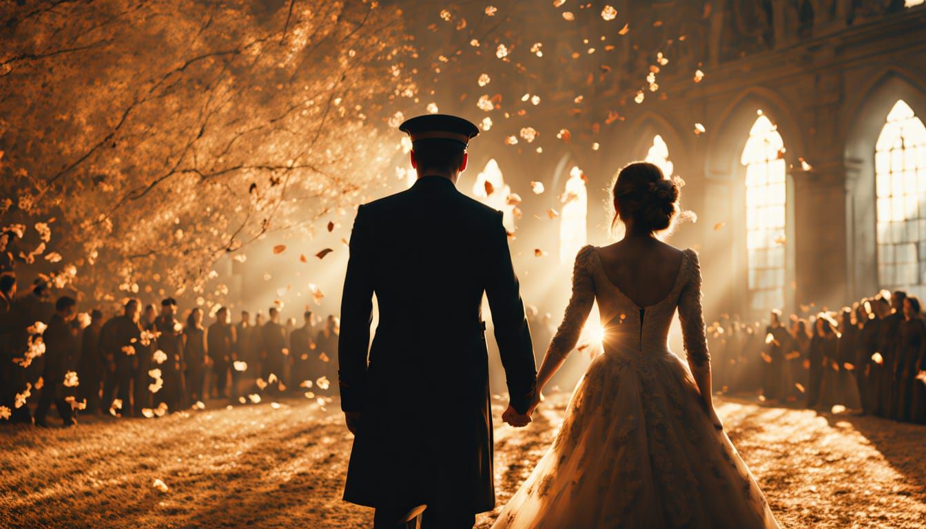 Bride and Groom in Army Uniform Walking Aisle