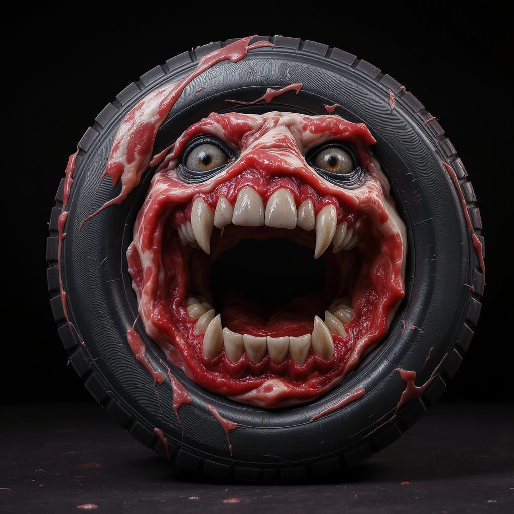 Hyperrealistic Meat Tire Sculpture with Human Eyes and Mouth