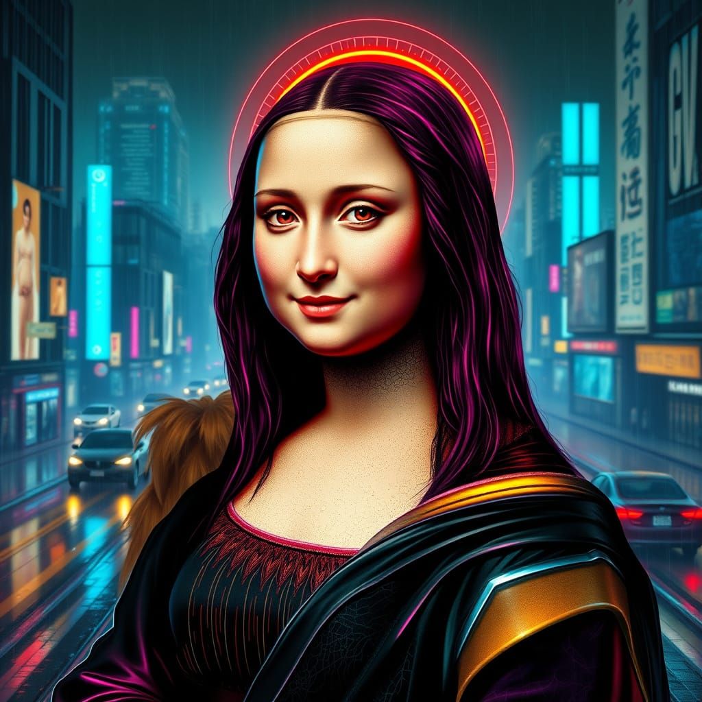 Cyberpunk Mona Lisa Portrait with Neon Lights and Holograms