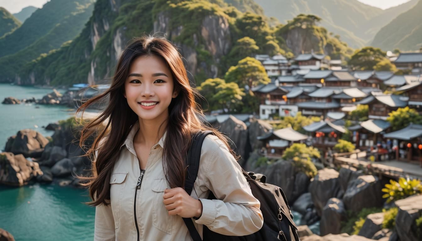 Asian Girl Smiling on Island Adventure