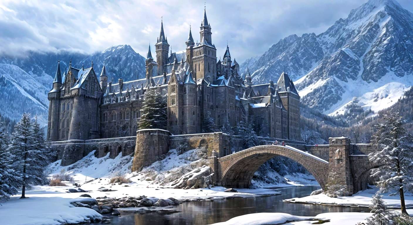 Renaissance Castle Amidst Snowy Mountains