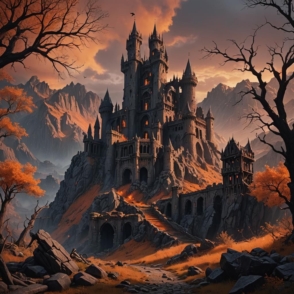 Sinister Ruined Castle Between Mountains at Dusk