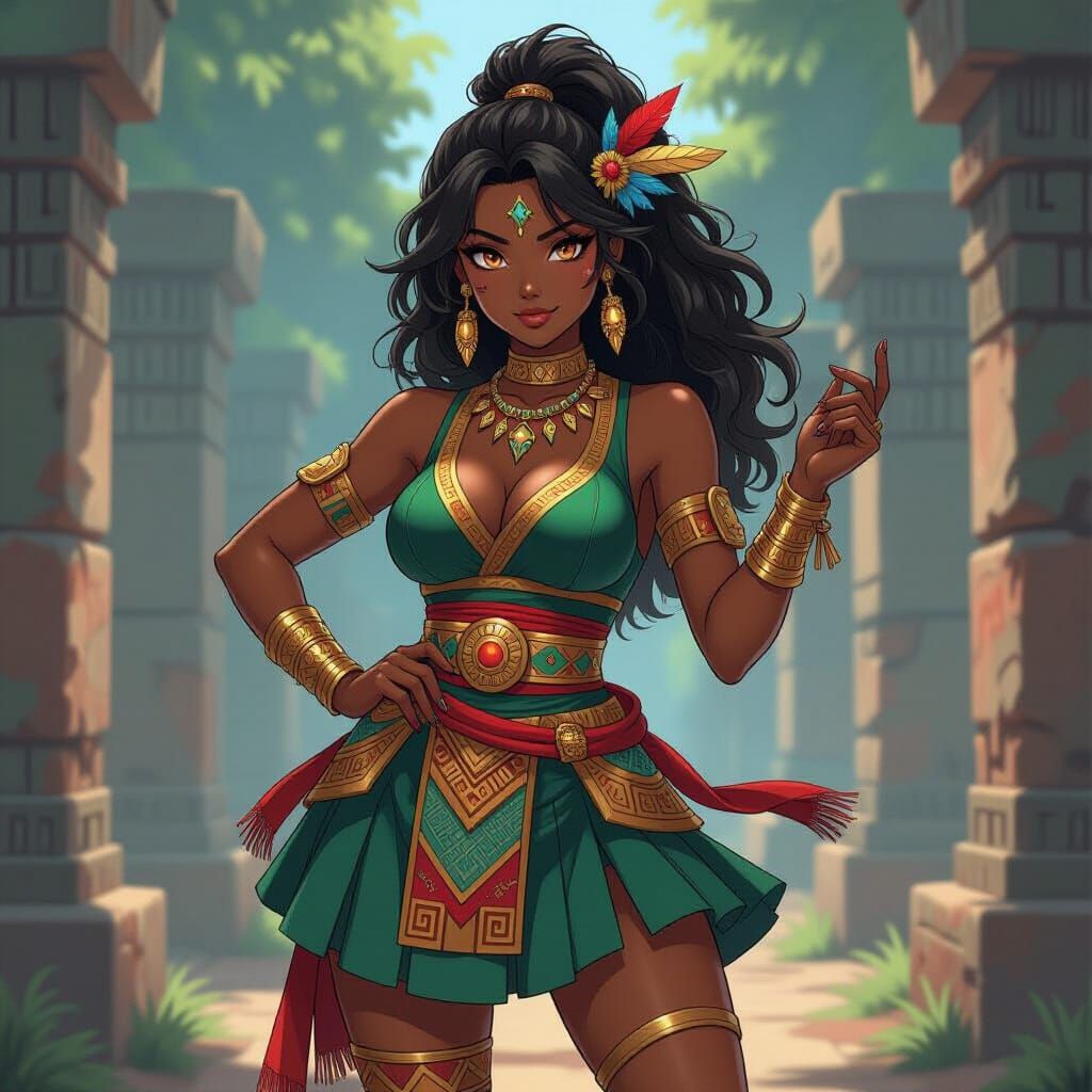 Anime Warrior in Aztec Dress, Studio Ghibli Style