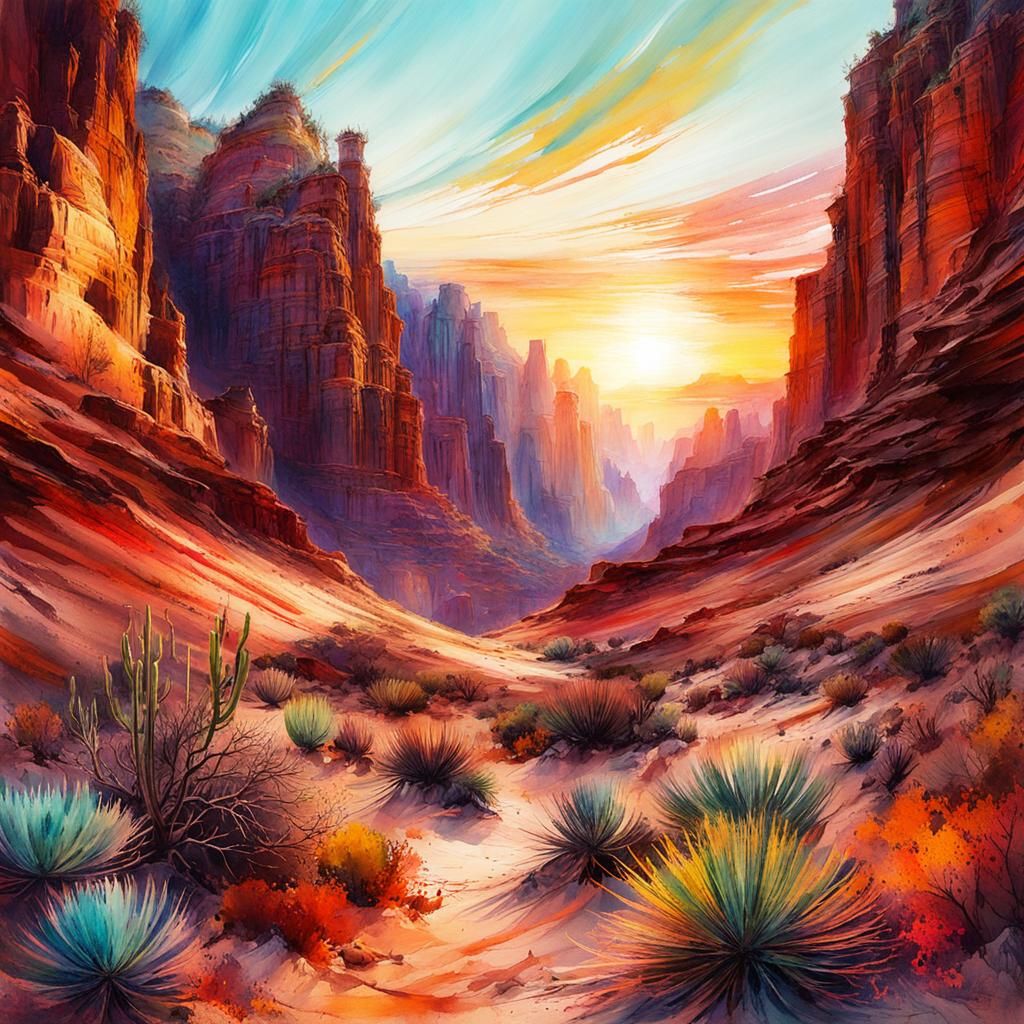 Desert Canyon Sunset: Digital Watercolor Art