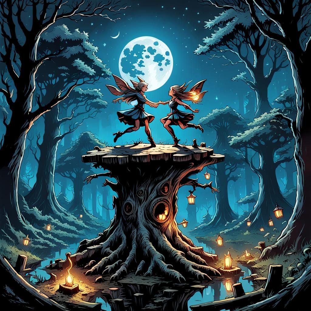 Whimsical Moonlit Forest Scene in Comic Book Style