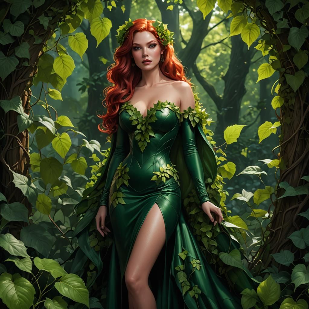 Poison Ivy in Gown of Leaves: Hyperdetailed Portrait