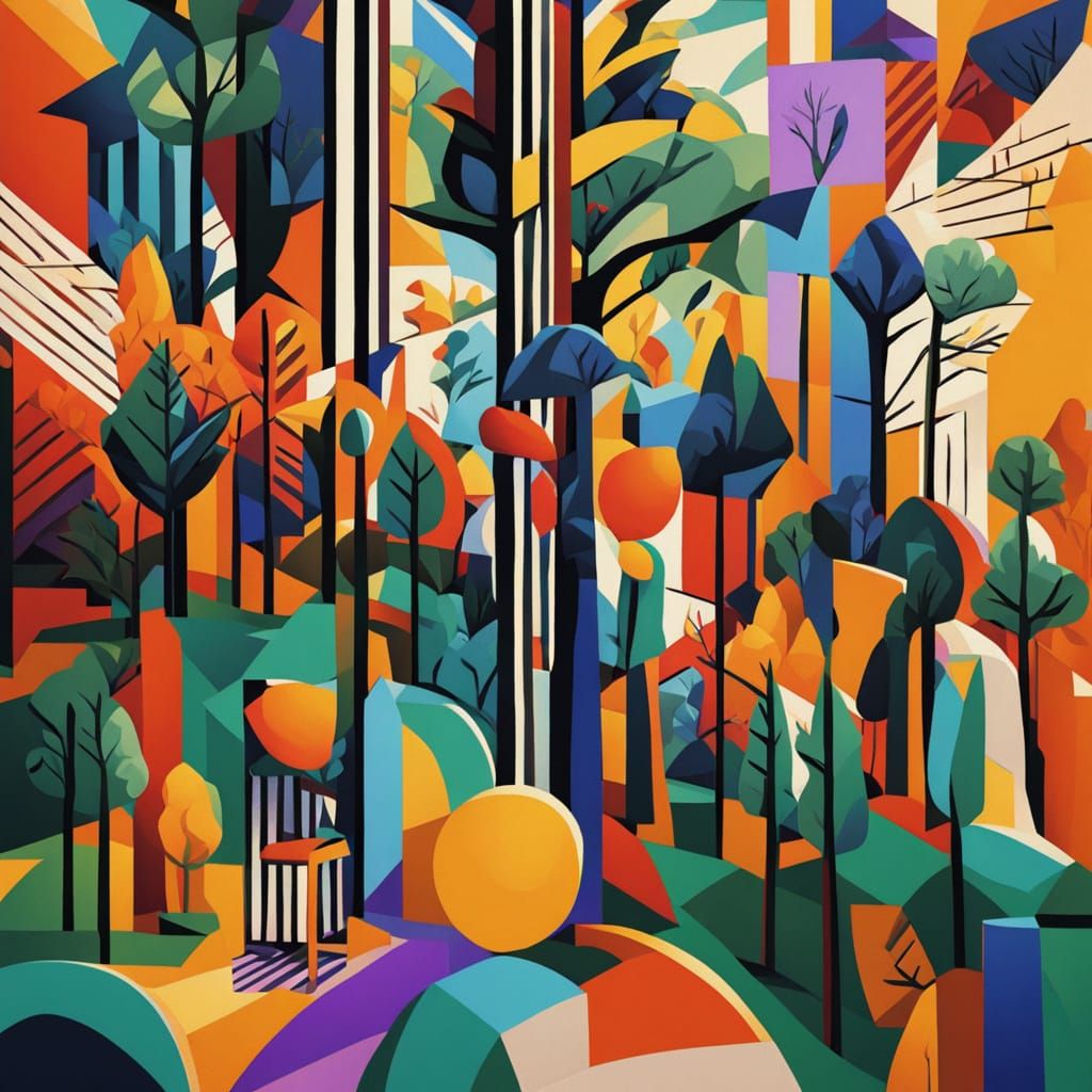 Vibrant Park Scene in Geometric Fauvist Style