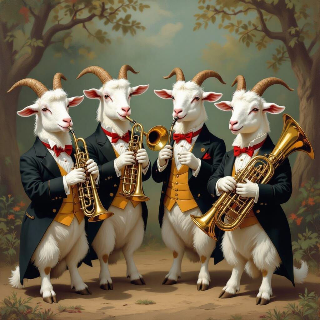 Goats Play Brass Instruments, Whimsical Illustration