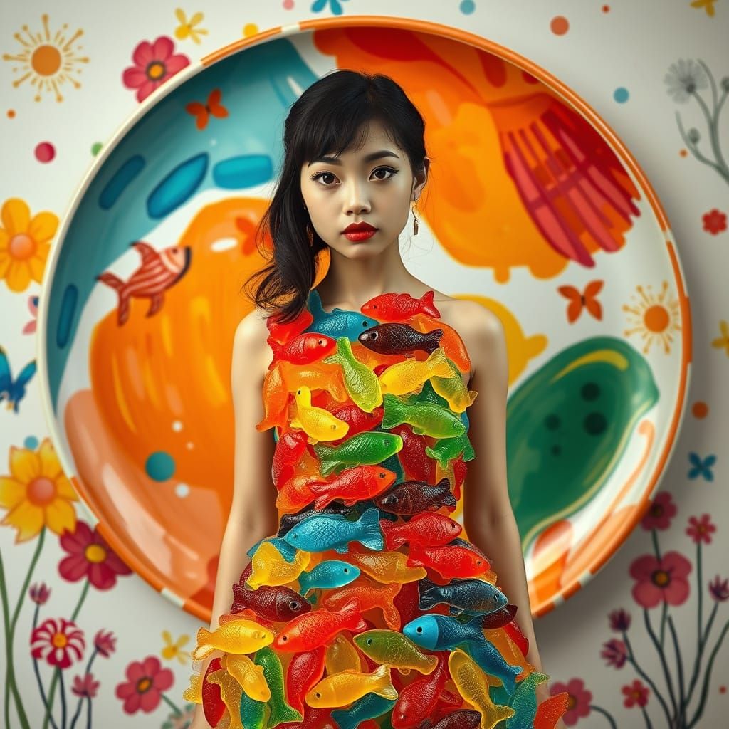 Vibrant Gummy Fish Dress in Whimsical Children's Plate Style