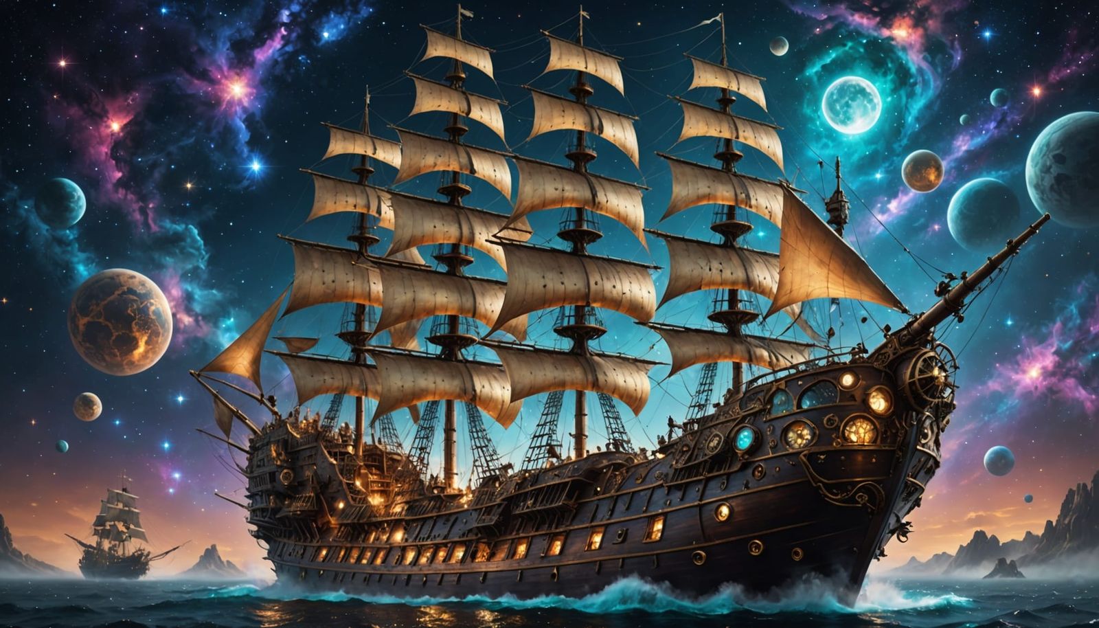 Steampunk Pirate Ship Sails Through Cosmic Nebula