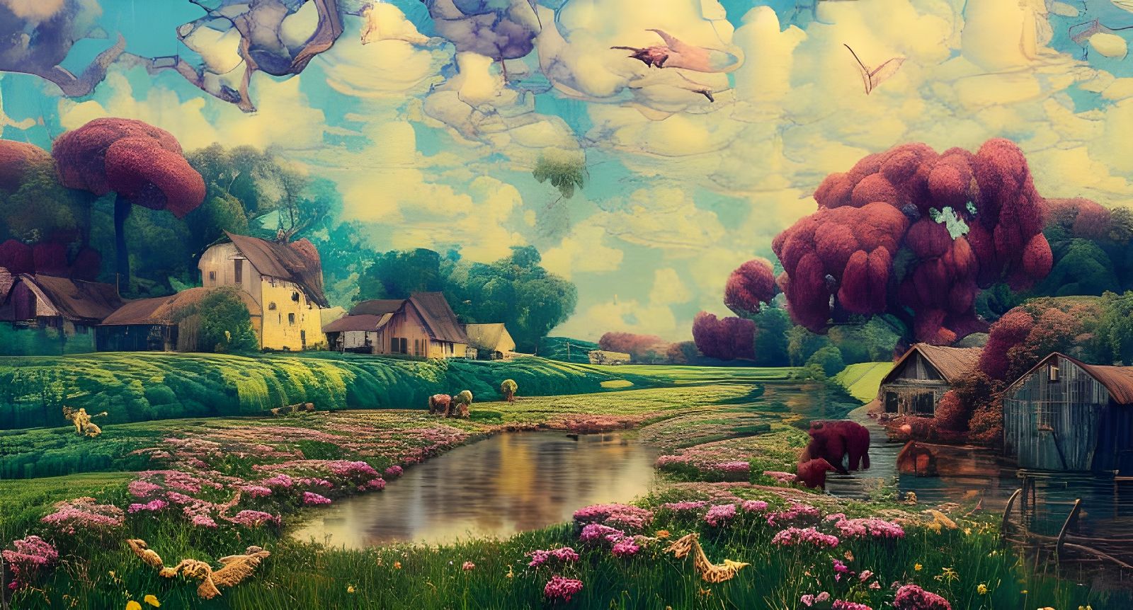 Patchwork Countryscape with River and Mills