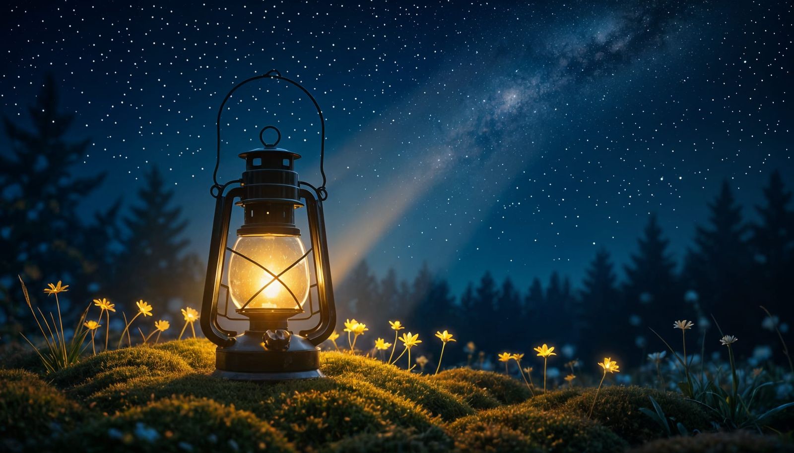 Antique Lantern Casting Light into Starry Sky