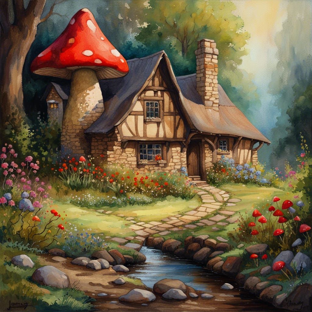 Gothic Fairytale Cottage with Toadstools in Watercolor