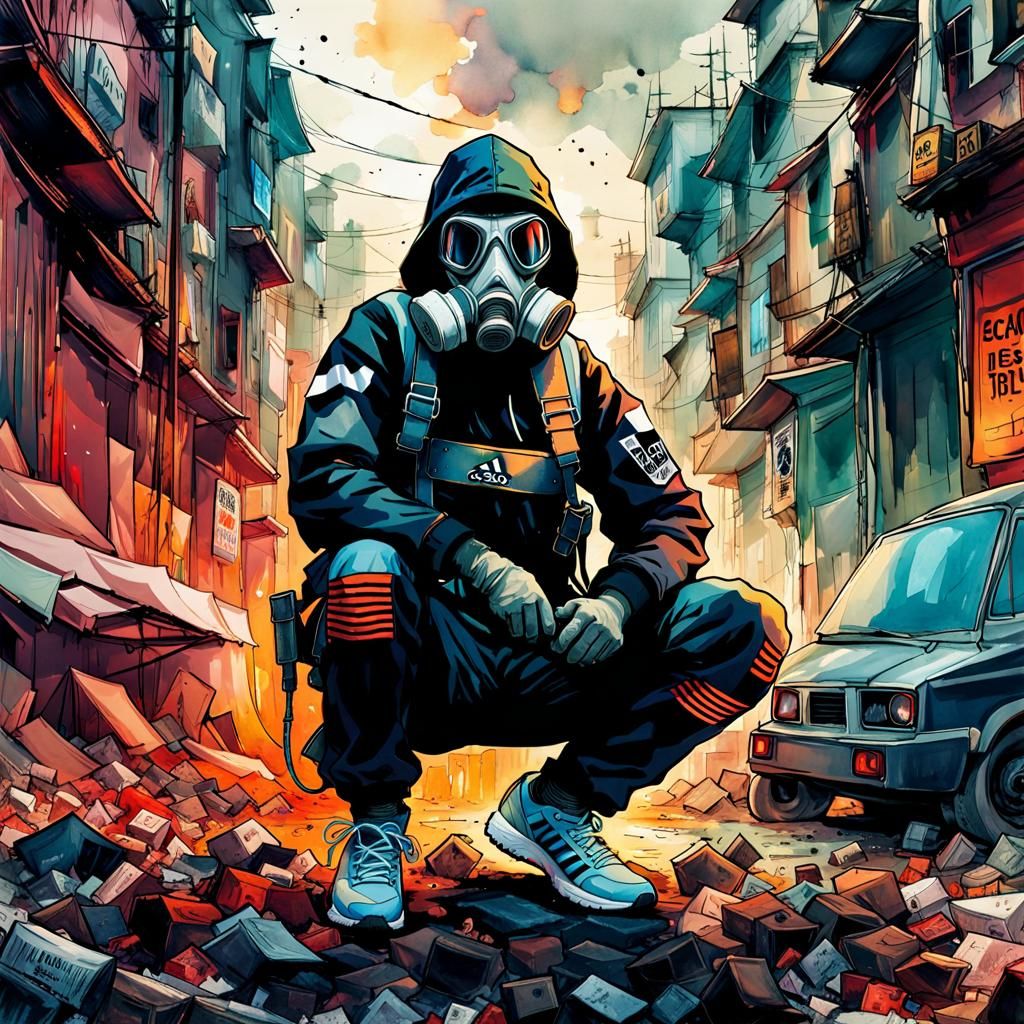 Soldier in Gas Mask Squatting in Decayed City