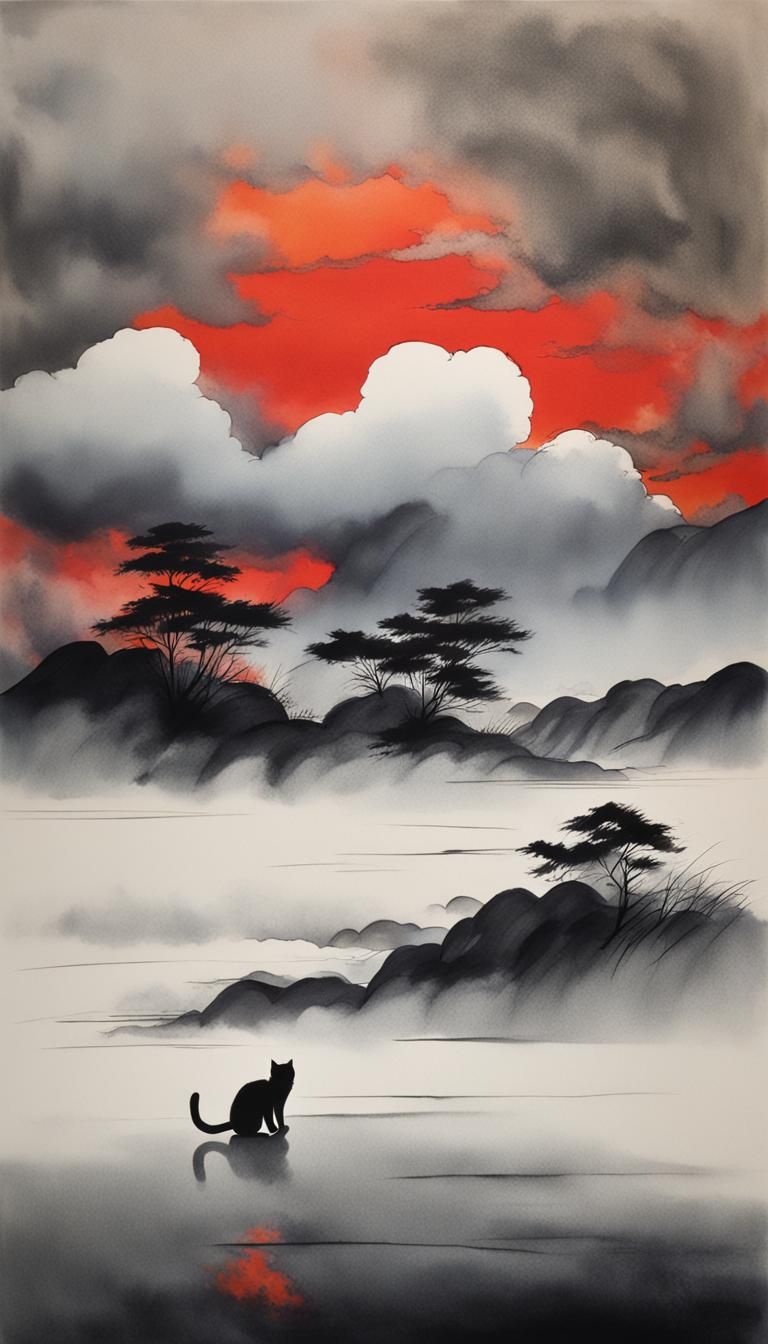 Minimalist Chinese Ink Painting of a Cat in Storm