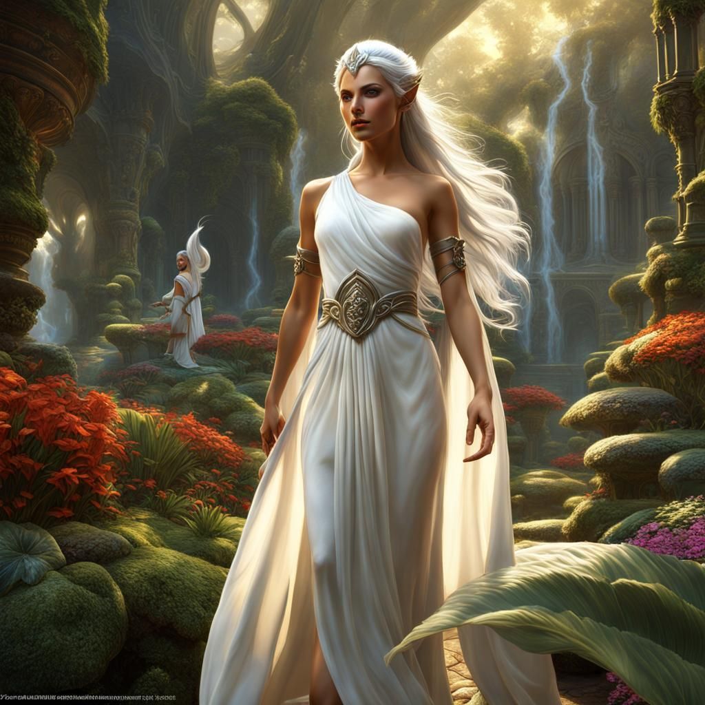 Elf in Fantasy Garden, Detailed Matte Painting