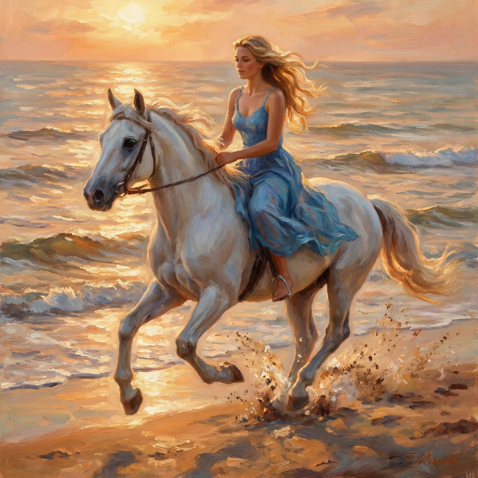 Beautiful long blonde haired woman riding a white horse along a beach
