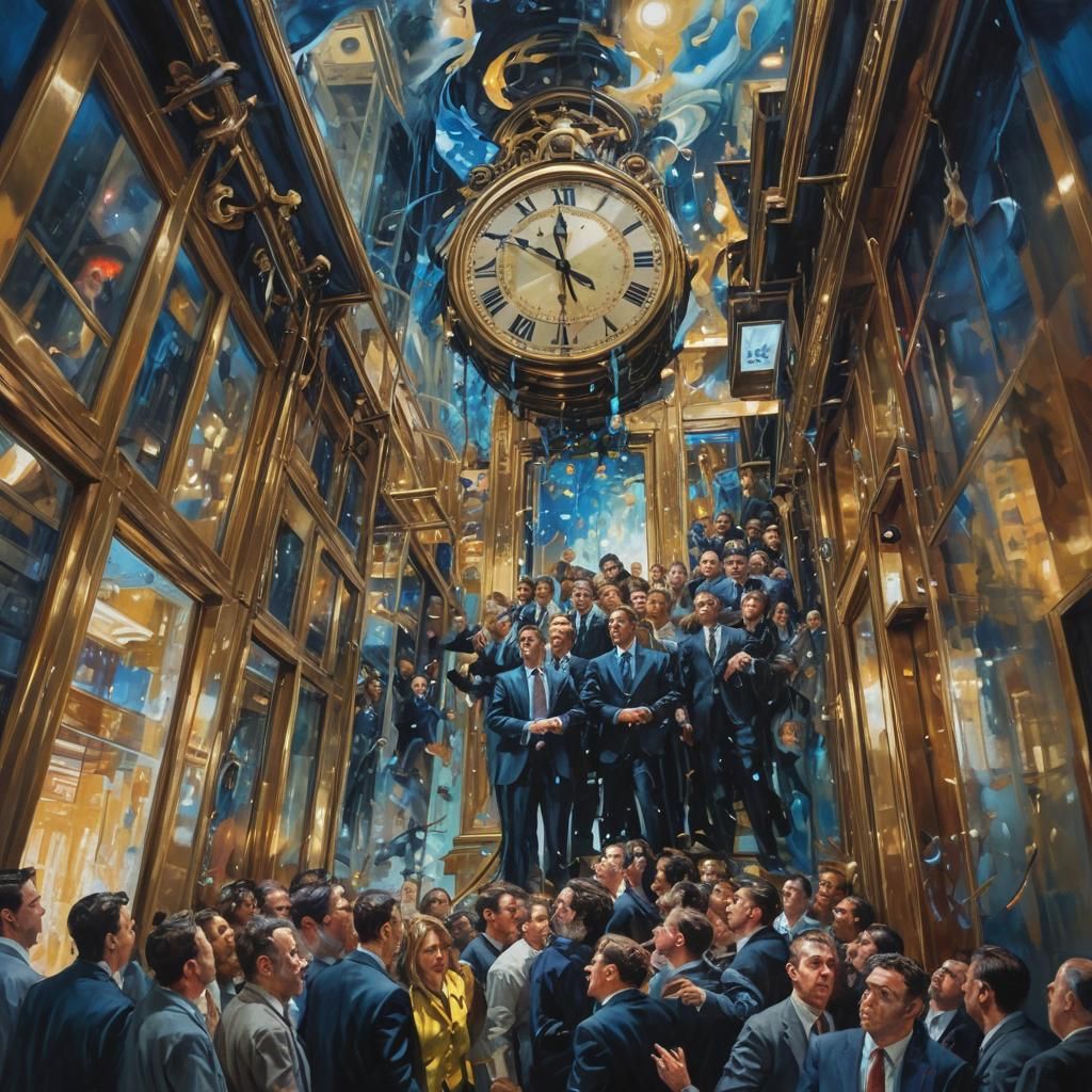 Elevator Dreamscape: Surreal City Chaos in Expressionist Oil