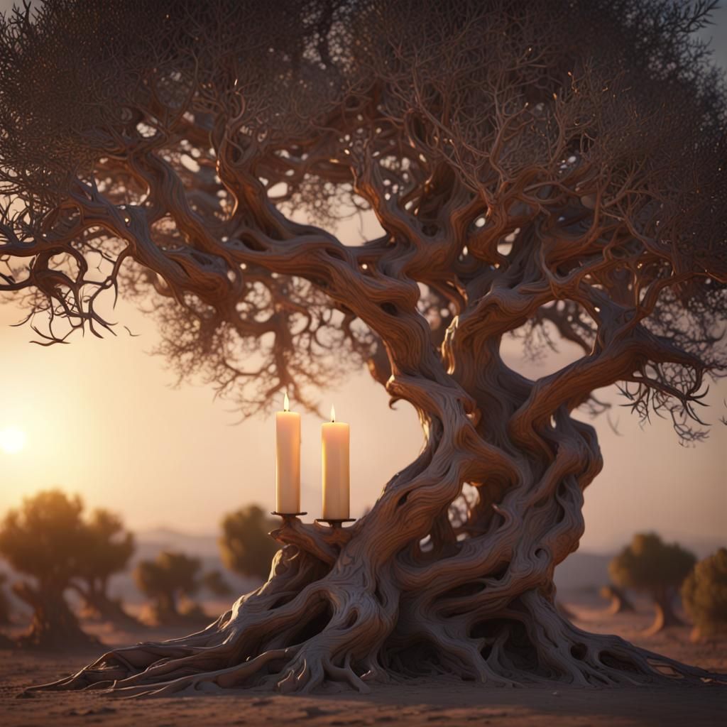Candle in Wind Against Olive Tree: Sci-Fi Render