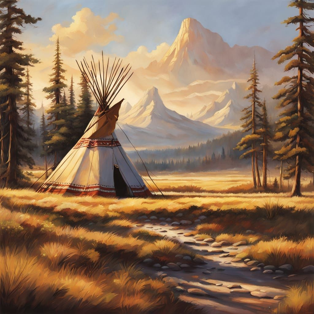 Serene Native American Landscape with Teepee in Warm Sunligh...