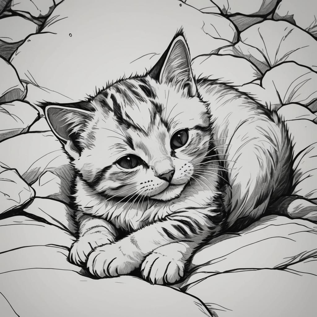 Anime Sketch of Kitten Sleeping Peacefully