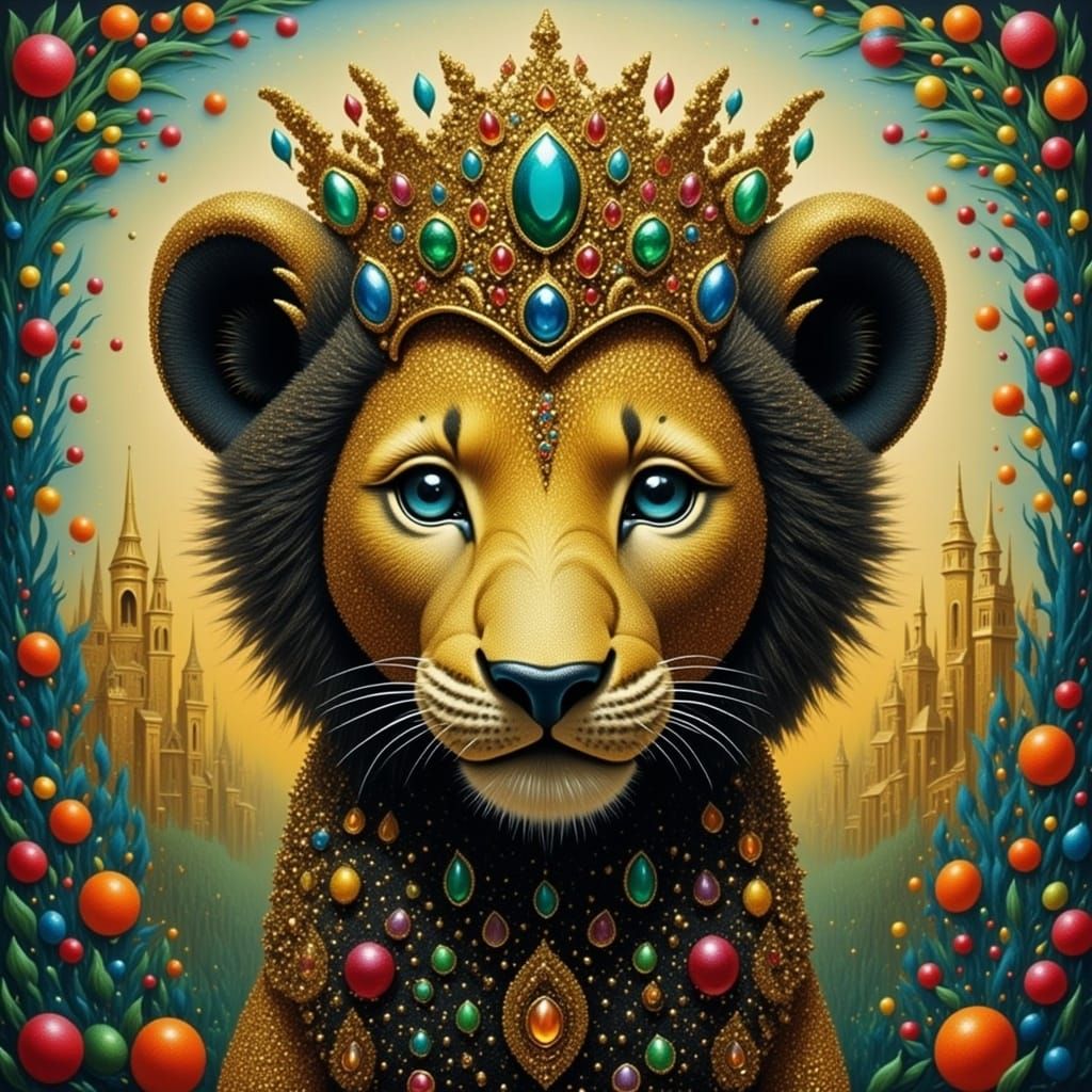 Lion Cub Portrait with Jeweled Crown in Alcohol Ink