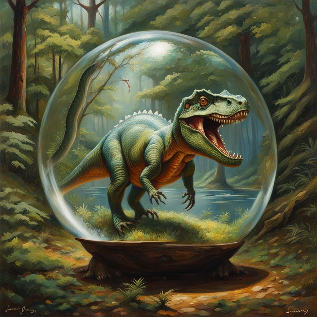 Dinosaur Hiding in Glass Sphere: Oil Painting