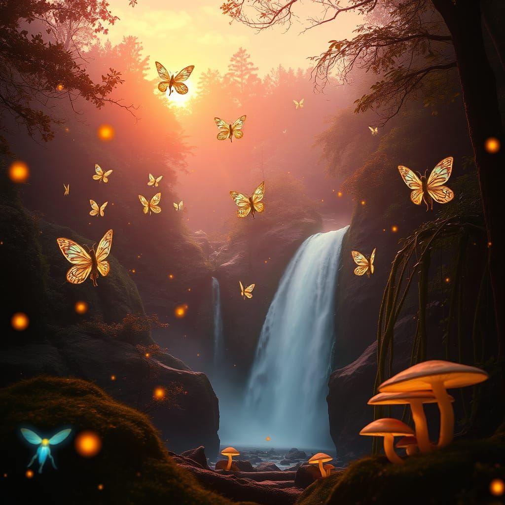 Mystical Forest Waterfall at Sunset in Whimsical, Cinematic ...