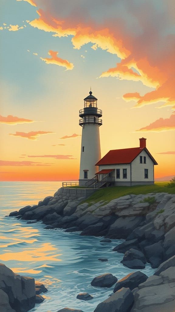 Vintage Lighthouse Sunset in Illustration Style