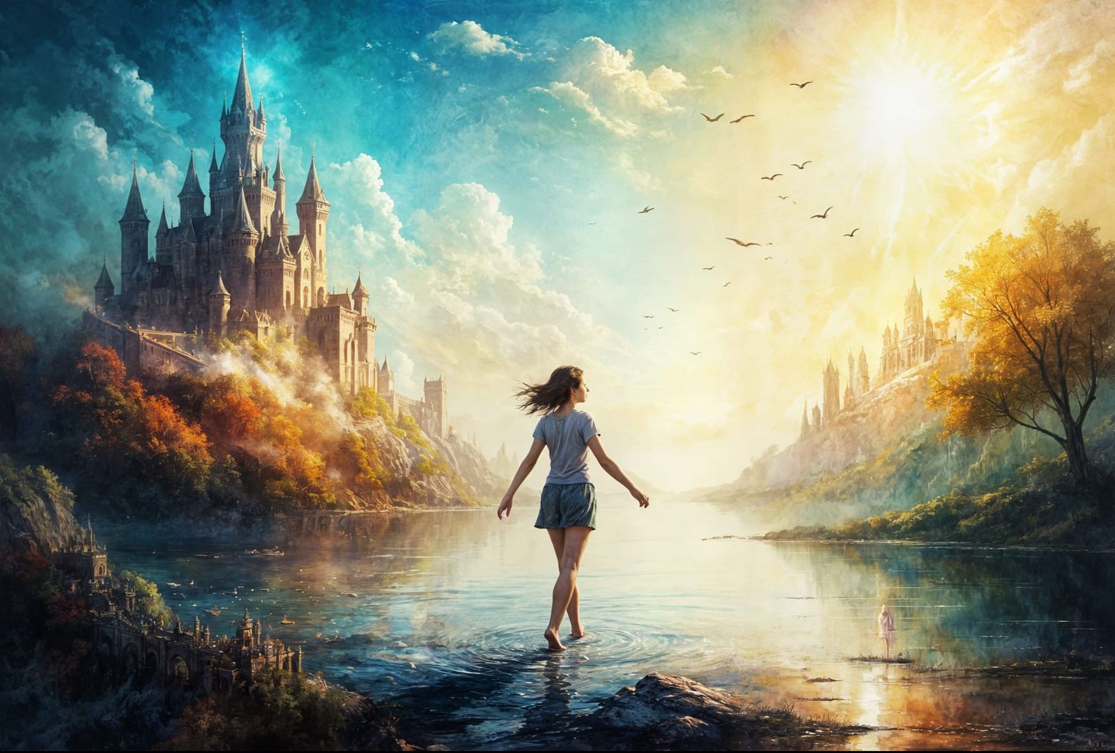 Dark Fantasy Castle in Watercolor Landscape