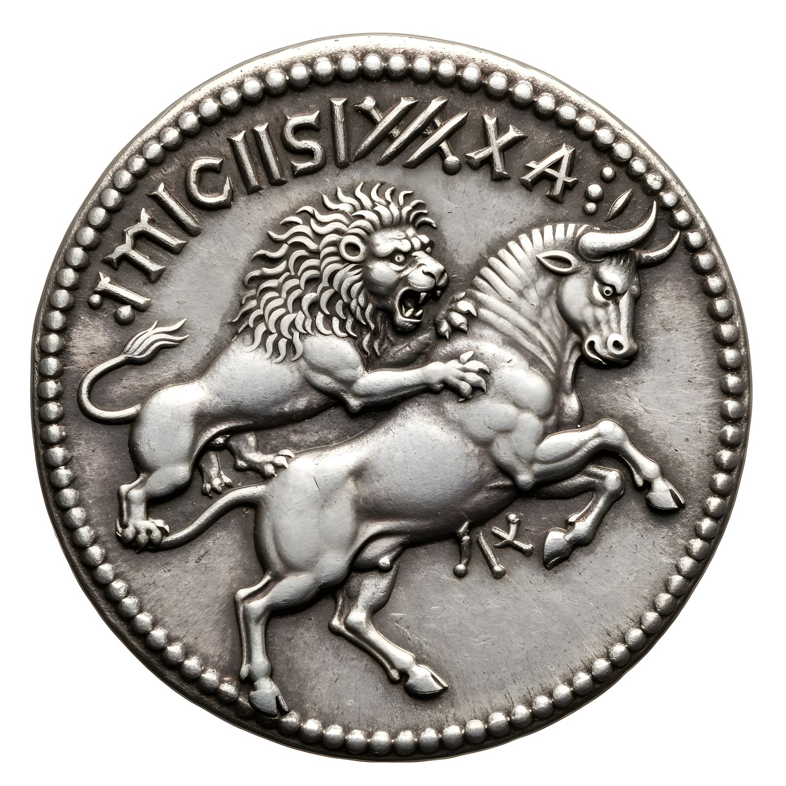 Ancient Silver Coin: Lion Attacking Bull
