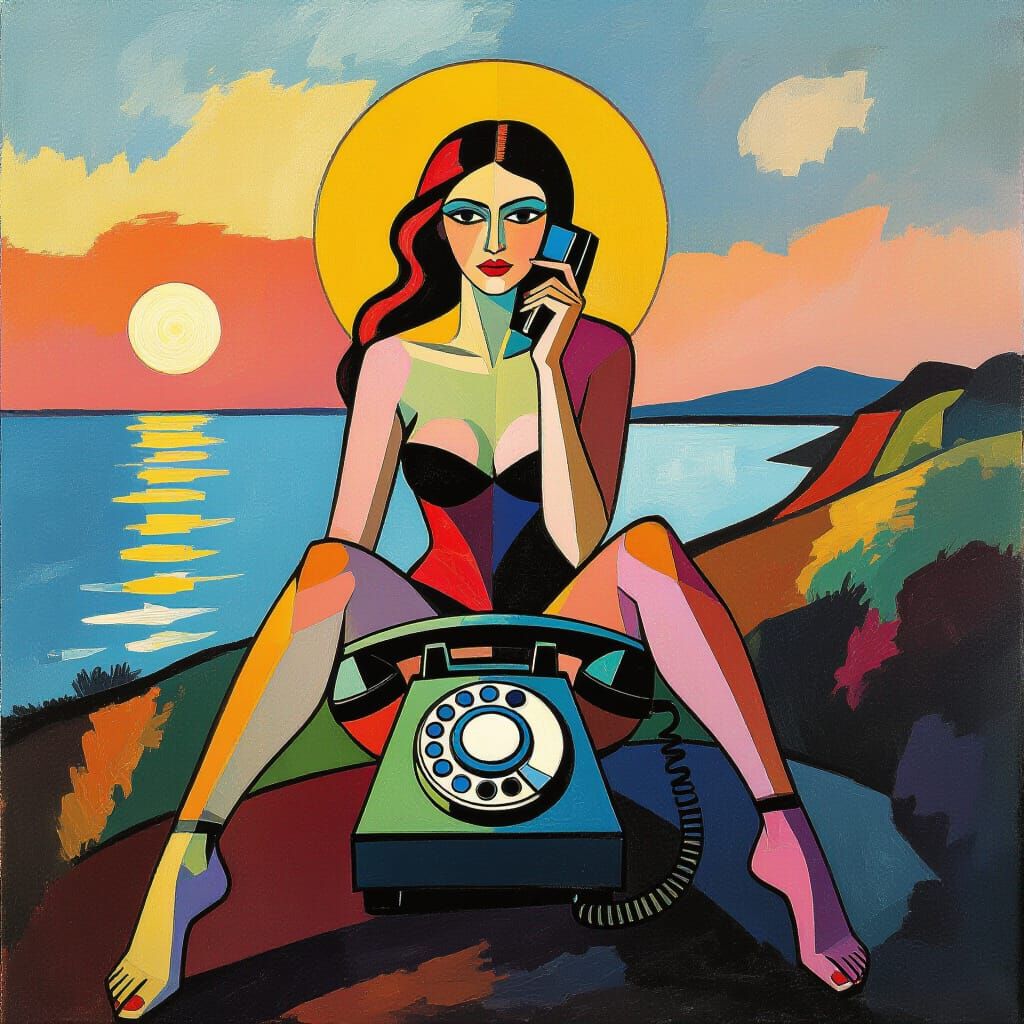 Abstract Woman with Futuristic Phone in Kandinsky Style