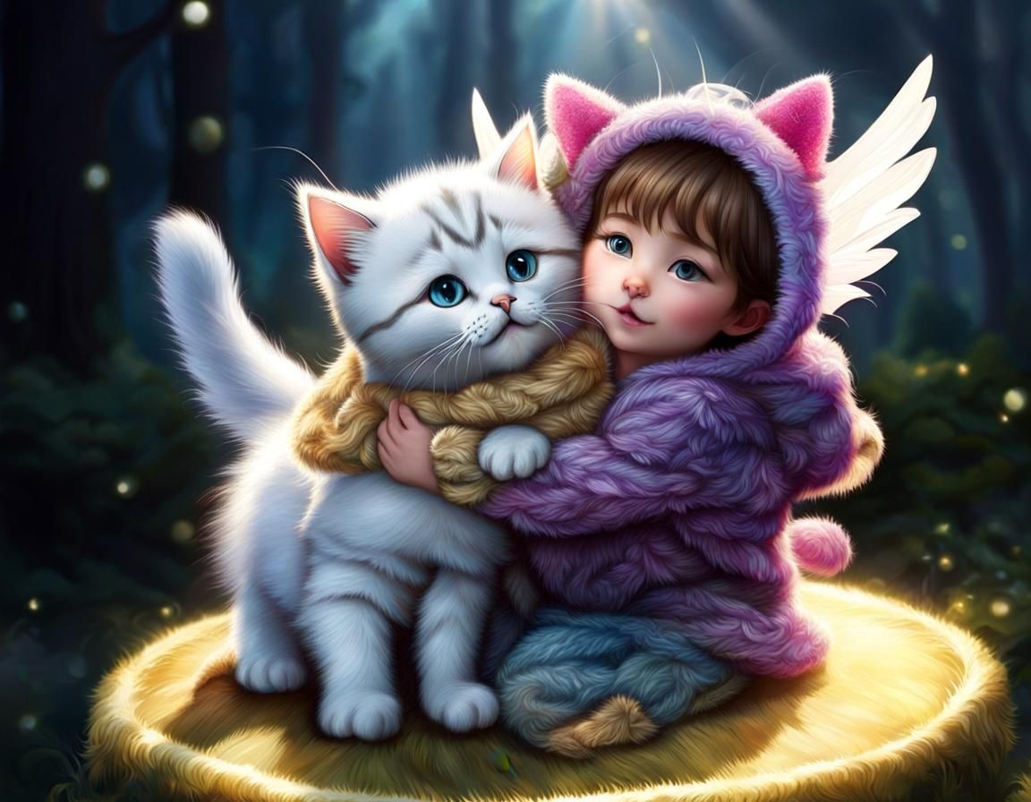 (Instead of a girl, a fluffy cute kitten, catching soap bubbles with his paw:18), (instead of green leaves, there are la...