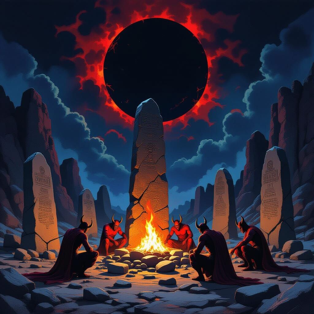 Devils Building Stone Monuments Under Fiery Black Moon