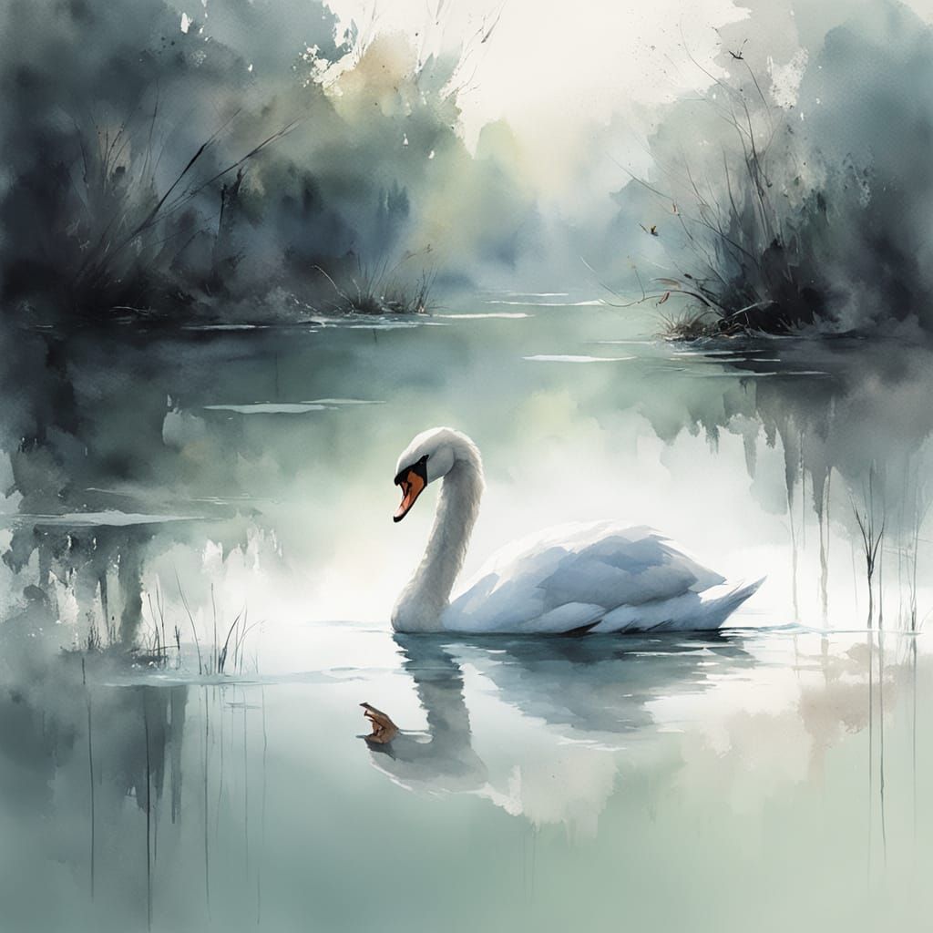 Swan on Misty River in Watercolor Style
