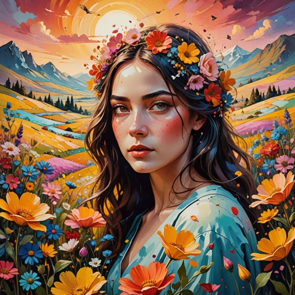 Surreal Landscape with Women, Animals, and Flowers