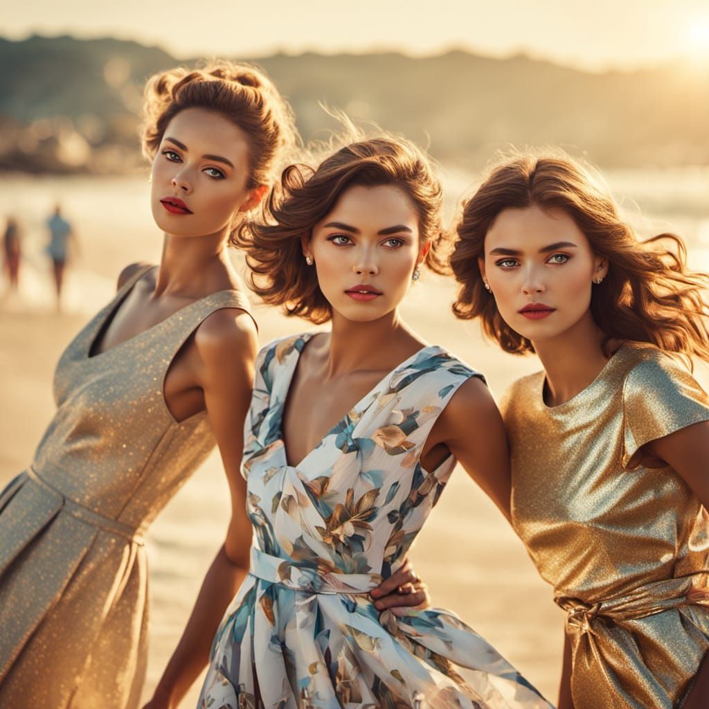 Women in High Fashion Beachwear in Hyper-Realistic Digital A...