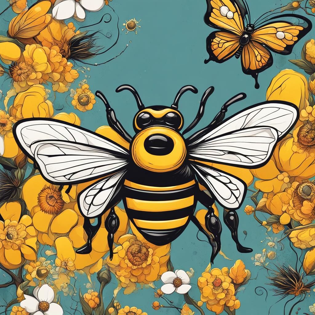 Cartoon Bee and Butterfly in Abstract Art