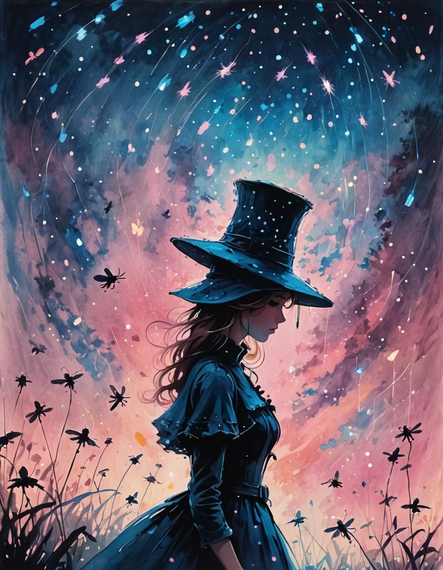 Dreamlike Silhouette Art with Fireflies in Impressionism