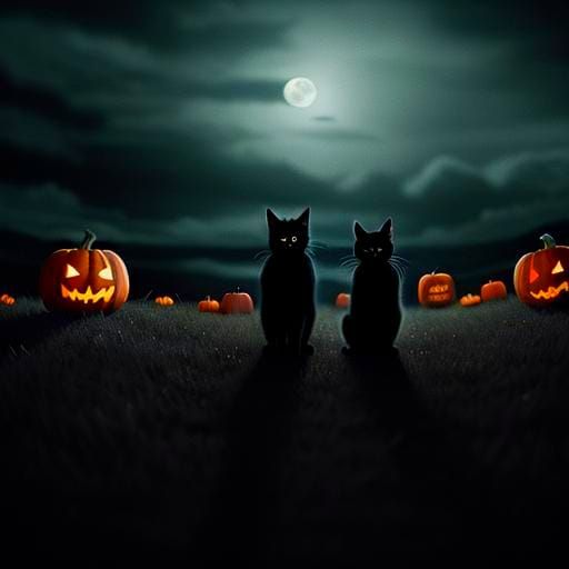 Black Cats Play on Jack-o'-Lantern in Twilight