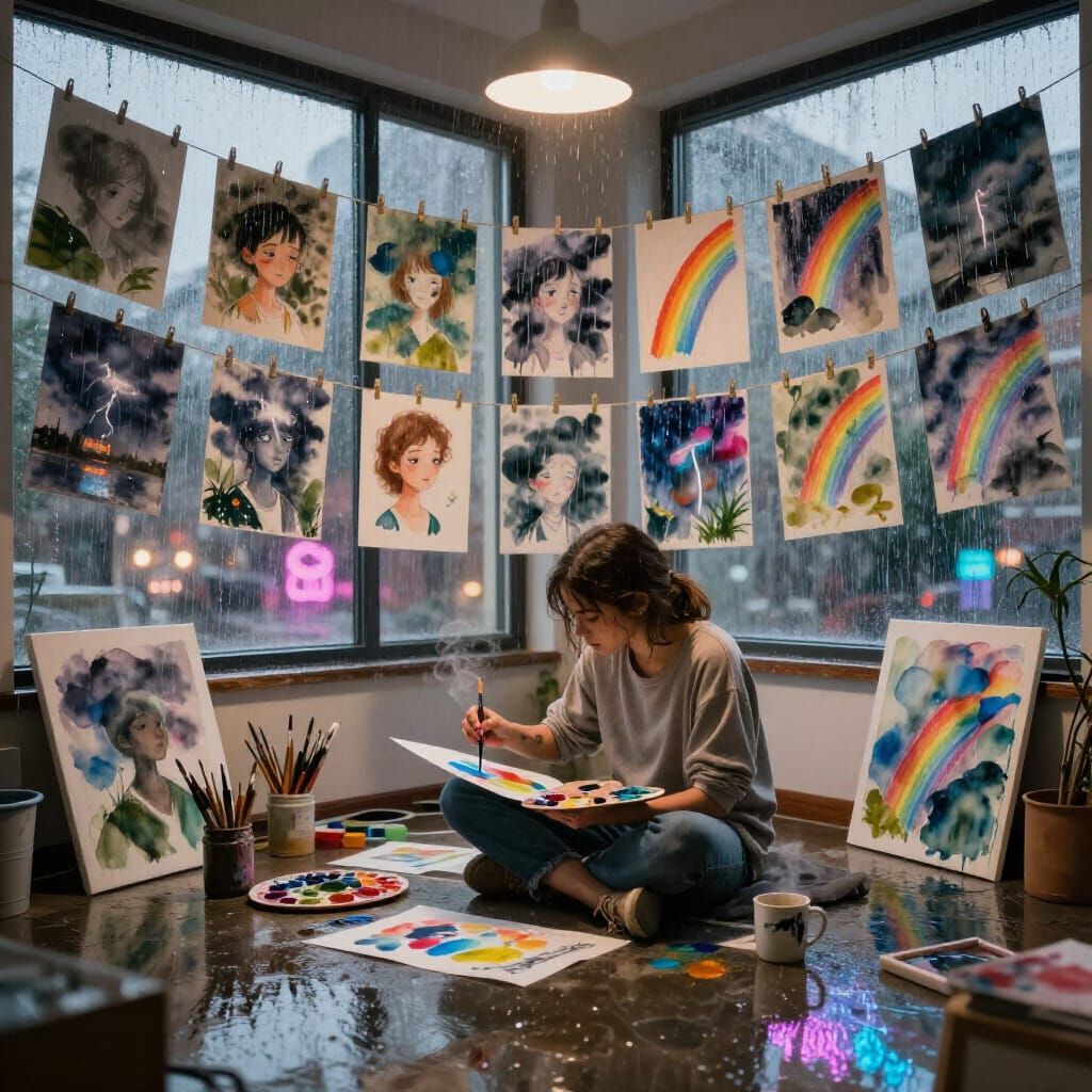 Artist Paints Rain Scenes in Moody Studio